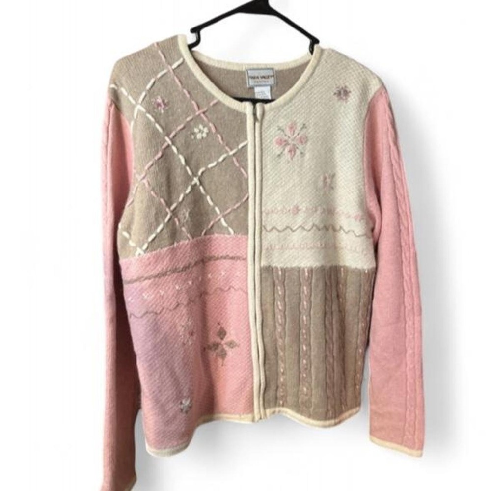 Napa Valley Vintage Patchwork Floral Angora Blend Zip Up Cardigan Sweater Pink